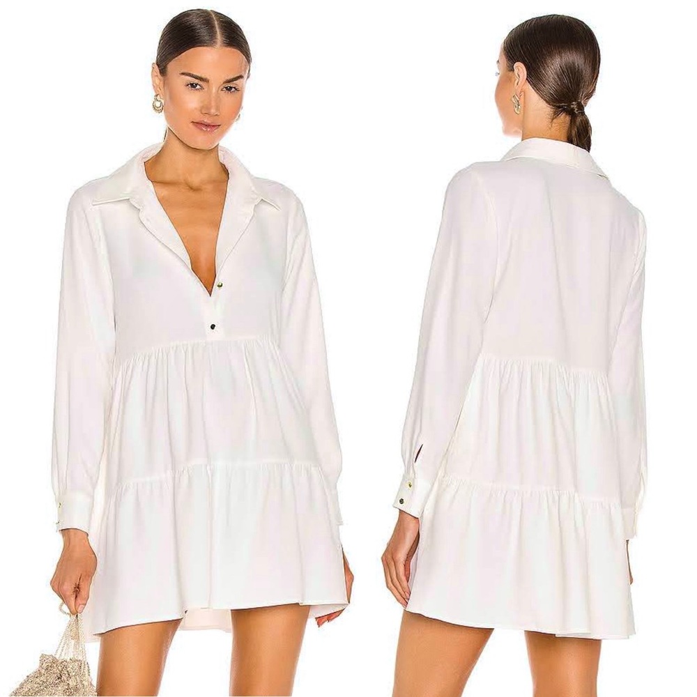 AMANDA UPRICHARD Pier Long Sleeve Tiered Mini Dress in Ivory White